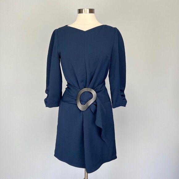 Tibi Womens Blue Shirred Sleeve Shift Dress Removable Belt size 4 - Picture 2 of 13